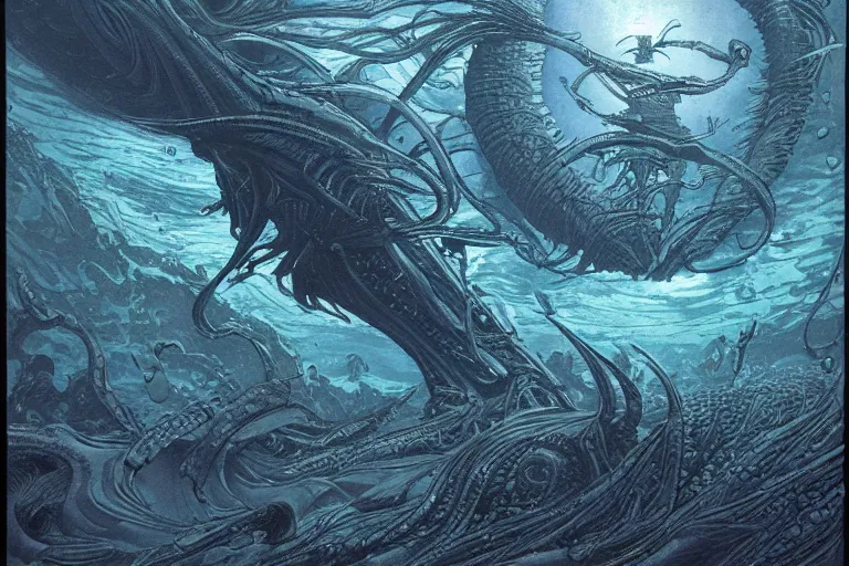 Image similar to dark underwater alien ocean, moebius, giger