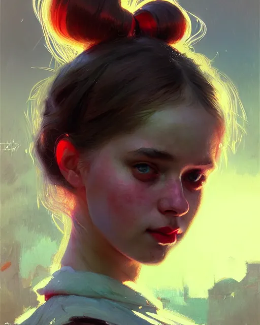 Image similar to young woman with pigtails, beautiful girl, close up portrait, bright, highkey, realistic, serov, surikov, vasnetsov, repin, kramskoi, paint texture, uplight, insanely detailed, charlie bowater, tom bagshaw, octane rendered, unreal engine, illustration, trending on artstation, masterpiece