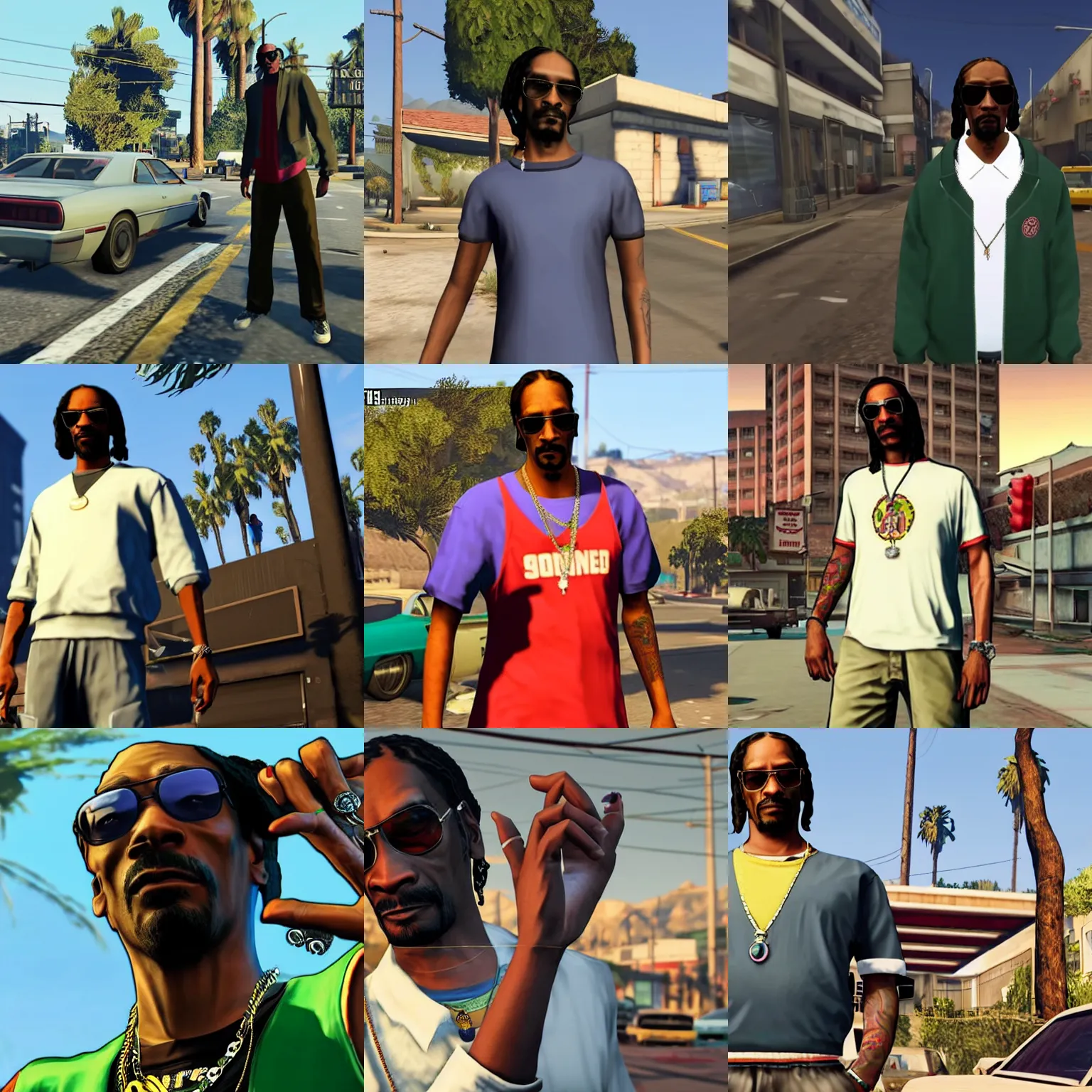 Prompt: screenshot from gta v, snoop dogg as a character in gta : v