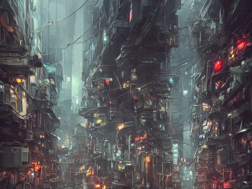 Prompt: ground in futuristic dieselpunk narrow street, cable stone ground. lots hanging cables, tiny wires on the ground. garbage on the ground. rain. fog, haze, evening. led screens. neon signs. very sharp. cables on the ground. very messy. futuristic. photorealistic. artstation. anime. studio gimbli style. golden rate.