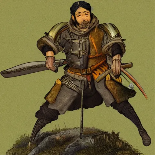 Image similar to a medieval hunter man with japanese ethnicity and stubble, chartreuse color scheme, fantasy character portrait by gustave baumann