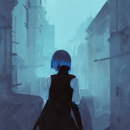 Image similar to low - angle shot from behind of a girl with light blue straight hair in a blue tailcoat, combat boots, noir, sharp focus, intricate, illustration, cell shaded, color block, digital painting, highly detailed, art by greg rutkowski, studio quality, makoto shinkai, james jean