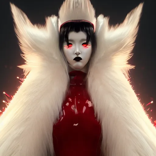 Image similar to kitsune woman fancy haircut, full body, intrincate,unreal engine octane, red and white, glitter, depth of field, 8k, hyper detailed, trending on artstation