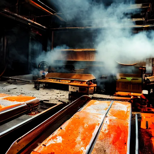 Image similar to toaster ovens on conveyor belt, dark messy smoke - filled cluttered workshop, dark, dramatic lighting, orange tint, sparks, cinematic, highly detailed, sci - fi, futuristic, movie still