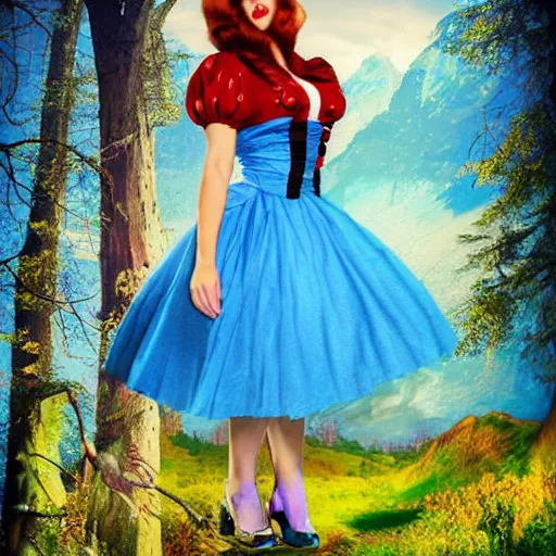 Image similar to giant alice in wonderland, pin up, houses, trees, mountains, woman, city, digital art, photo, blue dress, photoshop, flowers, collage, river, below