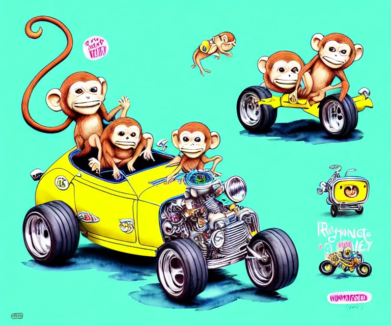 Image similar to cute and funny, monkey riding in a tiny hot rod with oversized engine, ratfink style by ed roth, centered award winning watercolor pen illustration, isometric illustration by chihiro iwasaki, edited by range murata, tiny details by artgerm, symmetrically isometrically centered