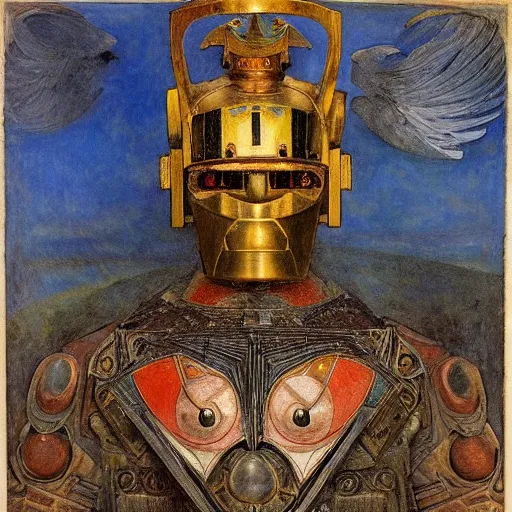 Prompt: the robot king with his bird mask, by Annie Swynnerton and Diego Rivera and Elihu Vedder, symbolist, dramatic lighting, elaborate geometric ornament, Art Brut, soft cool colors,smooth, sharp focus, extremely detailed, Adolf Wölfli and Donato Giancola