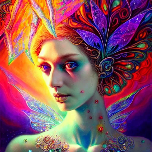 Image similar to An extremely psychedelic crystalline soul fairy, multifaceted, crystals, surreal, dramatic lighting, magic mushrooms, psilocybin, LSD, face, detailed, intricate, elegant, lithe, highly detailed, digital painting, artstation, concept art, smooth, sharp focus, illustration, art by Krenz Cushart and Artem Demura and alphonse mucha