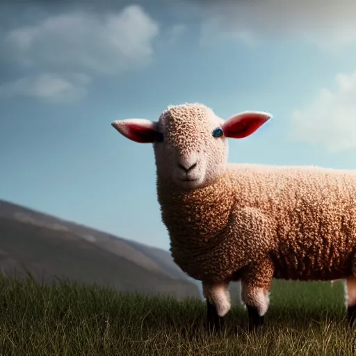 Image similar to lamb wearing a sweater, hills in the background, concept art, octane render, unreal engine 5, highly detailed, high quality, 8 k, soft lighting, realistic face, path traced