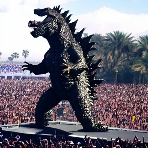 Image similar to Godzilla as Beyoncé performing on stage at Coachella, photo