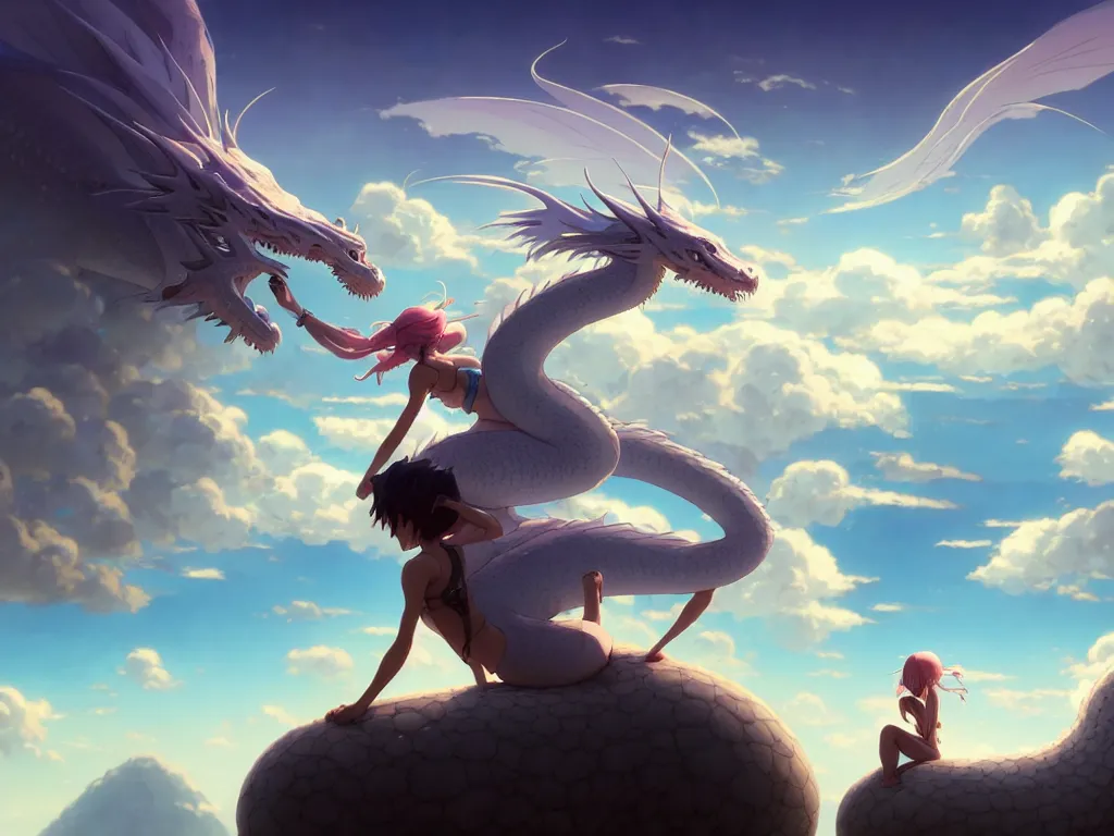 Image similar to a vast scene, panorama distant view, hyper detailed scene render of a beautiful girl sit on a huge silver dragon back, in the white clouds fairyland, animation portrait concept art, style of makoto shinkai, xision, james jean and peter mohrbacher, studio ghibli, artgerm, karol bak, beeple, 4 k hd, animation style