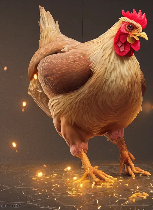 Image similar to chicken, hyper detailed, digital art, trending in artstation, cinematic lighting, studio quality, smooth render, unreal engine 5 rendered, octane rendered, art style by klimt and nixeu and ian sprigger and wlop and krenz cushart.