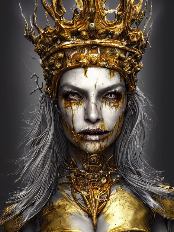 Prompt: portrait art of 8k ultra realistic undead witch queen,detailed gold crown, decaying, cybernetic, full of colour, cinematic lighting, battered, trending on artstation, 4k, hyperrealistic, focused, extreme details,unreal engine 5, cinematic, masterpiece, art by ayami kojima, giger