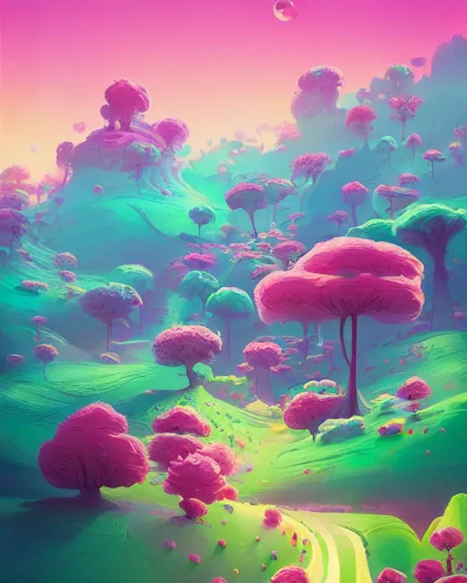 Image similar to candyland landscape | candies desserts cherry - blossoms | highly detailed | very intricate | fantasy whimsical magical | soft bright natural morning light | pixar | award - winning | matte painting by anton fadeev and paul lehr and rhads and alena aenami | pastel color palette | featured on artstation