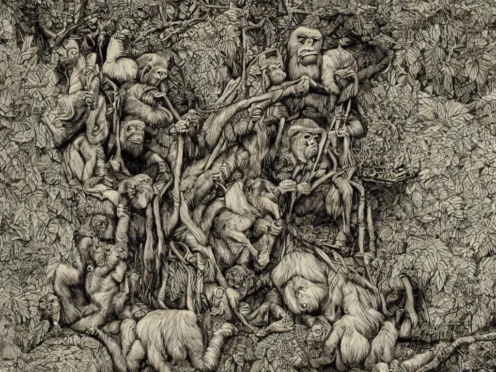 Image similar to bored ape club monkeies by Chor Boogie, intricate details, ultra detailed, 4K, award-winning, touch of M. C. Escher and Salvador Dali