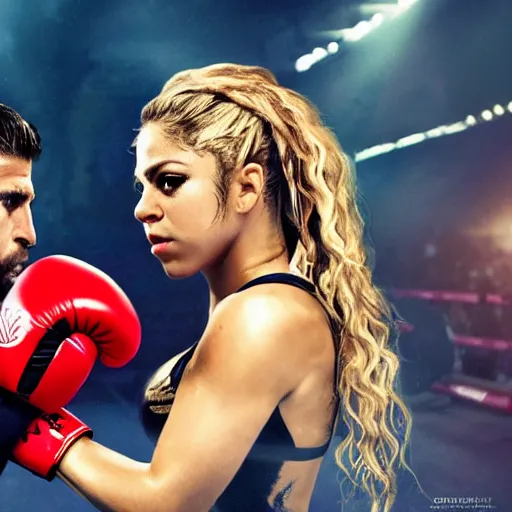 Prompt: Shakira with boxing gloves fighting against Gerard Pique, cinematic epic shot, hihgly detailed, 4k, realistic,