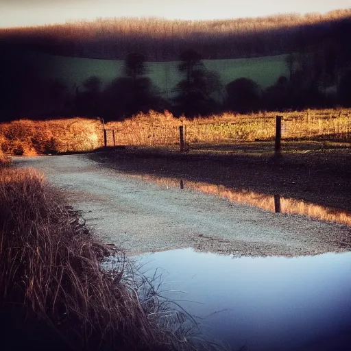 Image similar to Beautiful cameraphone, soft liminal Photograph of an estate road, early morning, small flat lake in the background