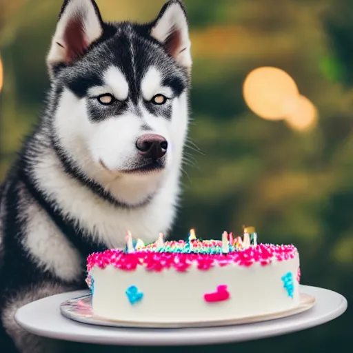 Prompt: a high - quality photo of a cute husky with a birthday cake, 4 5 mm, f 3. 5, sharpened, iso 2 0 0, raw, food photography