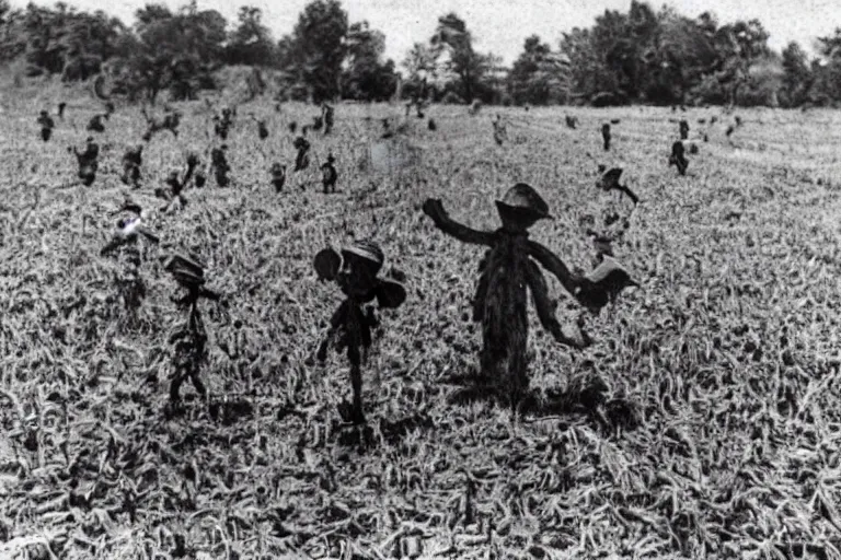 Prompt: disturbing scarecrow from the early 1 9 0 0's leading children into the burning cornfields