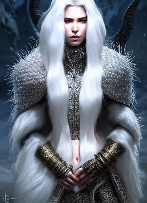 Image similar to fur armor!!! long wild white hair!! covered chest!!! fantasy, d & d, intricate ornate details, symmetry, concept art, sharp focus, illustration, art by artgerm! greg rutkowski magali villeneuve wlop! ilya kuvshinov!!, octane render, unreal engine 5, highly rendered!!