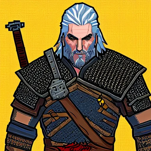 Prompt: Geralt of Rivia in the style of pixel art, artstation,