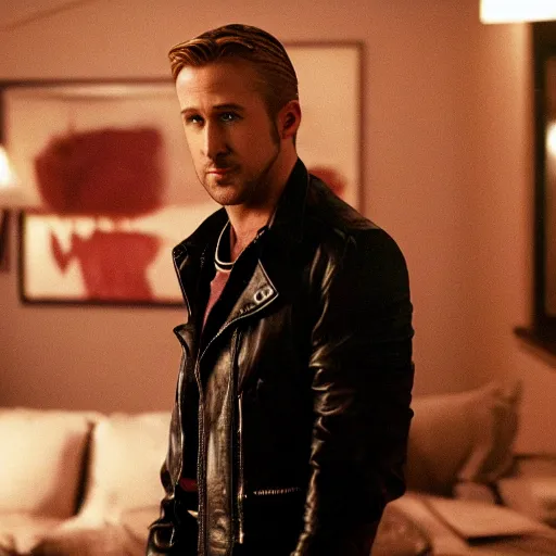 Prompt: amazing beautiful Ryan Gosling barbie doll wearing leather in the living room, film still from the movie directed by Denis Villeneuve , wide lens