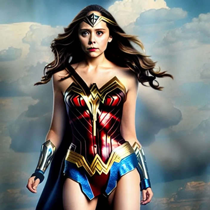 Image similar to full body photograph of elizabeth olsen as wonder woman. Extremely detailed. 8k