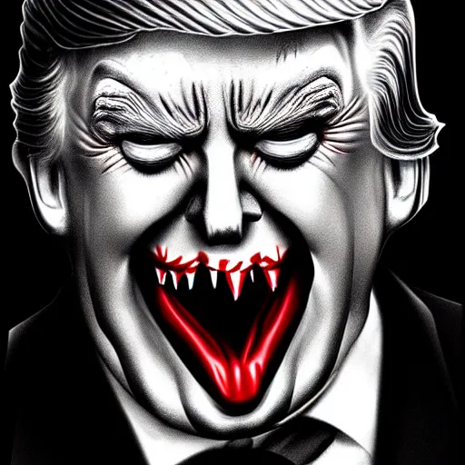 Image similar to donald trump dracula, fangs, character portrait, close up, concept art, intricate details, hyper realistic, in the style of otto dix and h. r giger