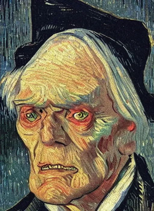 Image similar to lifelike oil painting portrait of ebenezer scrooge by van gogh