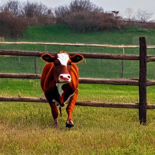 Image similar to cow running from a cage to a countryside