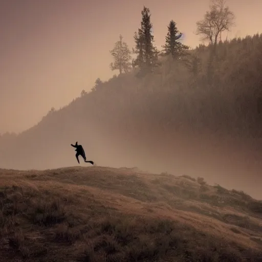 Prompt: a man running up a hill side, away from a forest as if being chased by a pack of wolves