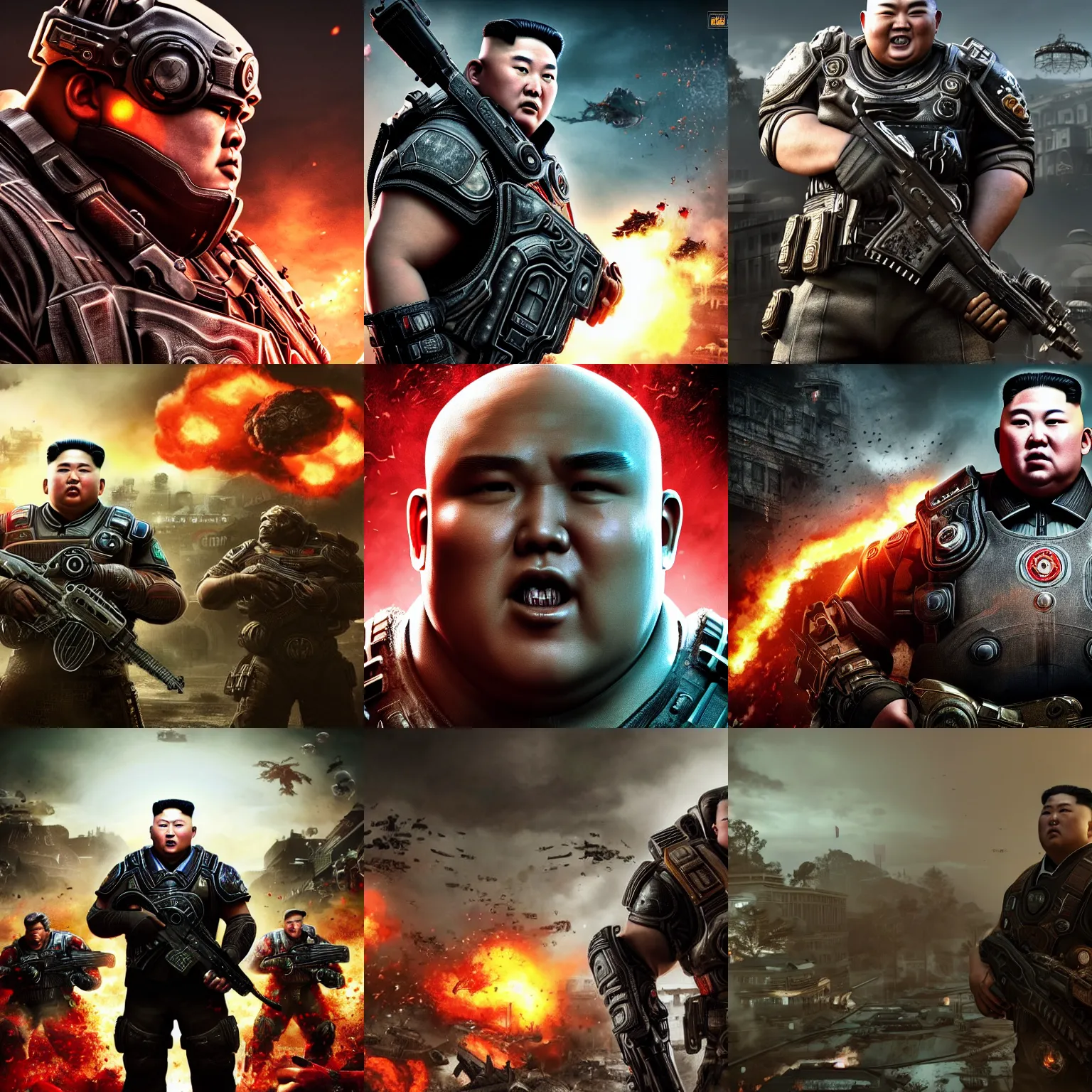 Image similar to portrait of kim - jong un in gears of war, splash art, movie still, detailed face, cinematic lighting, dramatic, octane render, long lens, shallow depth of field, bokeh, anamorphic lens flare, 8 k, hyper detailed, 3 5 mm film grain