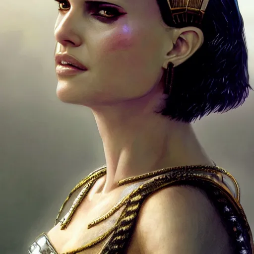 Image similar to closeup portrait of natalie portman as cleopatra, palace background, dramatic light, gorgeous view, depth, high detail, digital art, painted by greg rutkowski and seb mckinnon, neuromancer, trending on artstation