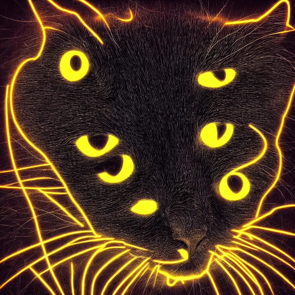 Prompt: face of a glowing cat, neon light, black background, digital art