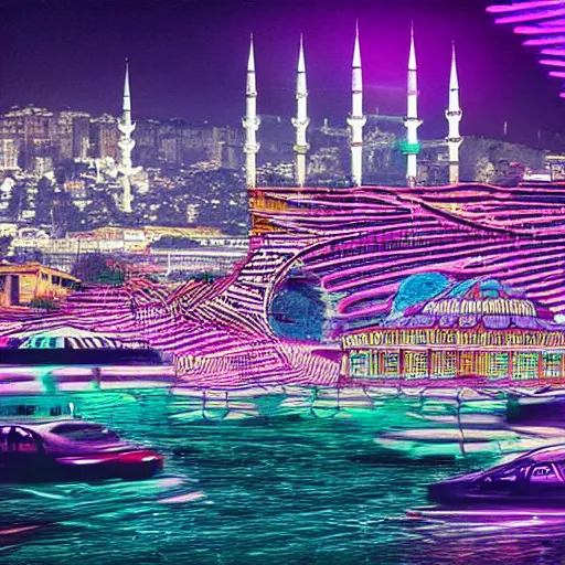 Image similar to istanbul, cyberpunk, vaporwave