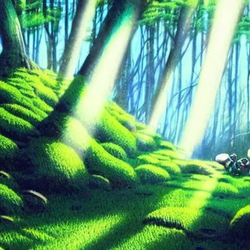 Prompt: a robot covered in moss lying in a forest, shafts of light god rays, painting by hayao miyazaki studio ghibli