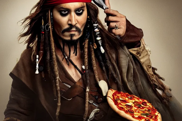 Image similar to Captain Jack Sparrow eating a delicious pizza, studio portrait, dramatic lighting, trending on artstation
