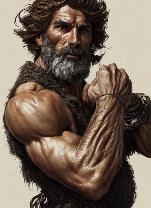 Image similar to portrait of a ruggedly handsome ranger, hands details, muscular, full body, leather, hairy, d & d, fantasy, intricate, elegant, highly detailed, digital painting, artstation, concept art, smooth, sharp focus, illustration, art by artgerm and greg rutkowski and alphonse mucha