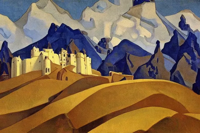 Prompt: A oil painting of a castle in the mountains by Nicholas Roerich, by Georgia o Keeffe, by Gustave Moreau