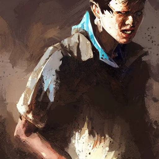 Prompt: a teenage boy with a slouch and acne looking extremely angry. Snarling. Balling fists. By Craig Mullins. Jordan Grimmer.