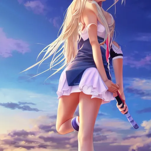 Image similar to a very beautiful young anime tennis girl, full body, long wavy blond hair, sky blue eyes, full round face, short smile, bikini, miniskirt, highly detailed, cinematic wallpaper by stanley artgerm lau