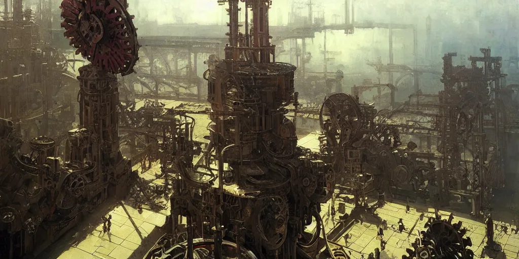 Image similar to giant gears floating in nothingness, clockwork, giant mechanisms, industry, villages castles, buildings vista artstation illustration sharp focus sunlit vista painted by ruan jia raymond swanland lawrence alma tadema zdzislaw beksinski norman rockwell tom lovell alex malveda greg staples