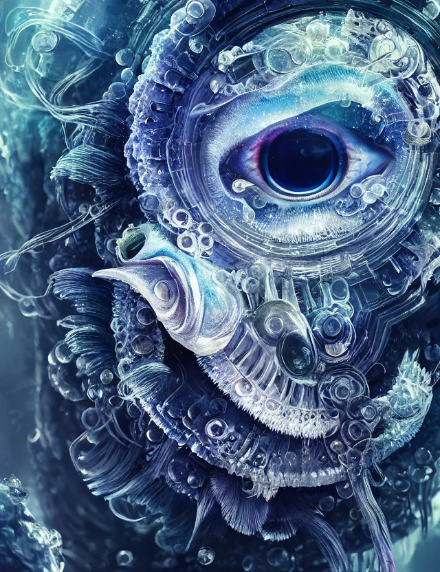 Prompt: eye of god macro close - up portrait with mask made of ram skull. betta fish, jellyfish phoenix, plasma, ice, water, wind, creature, super intricate ornaments artwork by tooth wu and wlop and beeple and greg rutkowski