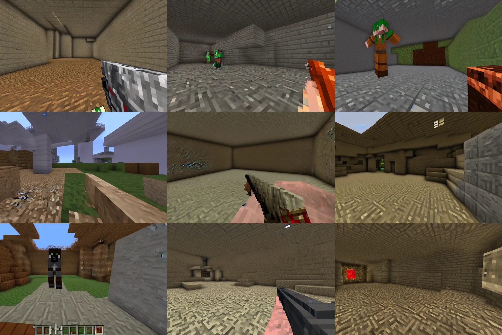 Prompt: ( minecraft steve ) in a screenshot of the video game doom!!!!!!!!!!!!, doom shotgun pov, minecraft steve is standing, hellish doom hallway, doom 2 0 1 6 graphics