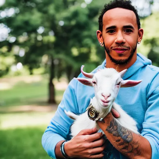 Image similar to lewis hamilton holding a baby goat, ( sony a 7 r iv, symmetric balance, polarizing filter, photolab, lightroom, 4 k, dolby vision, photography awardm, voque, perfect face )