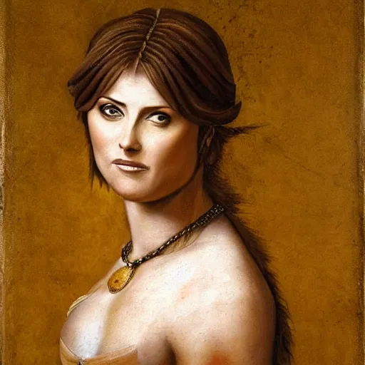 Image similar to a striking hyper real painting of Lucy Lawless by da Vinci.