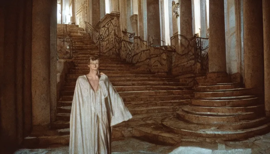 Prompt: movie still by tarkovsky of caligula poniard to death by senators on ancient stairs, cinestill 8 0 0 t 3 5 mm, high quality, heavy grain, high detail, dramatic light, ultra wide lens, anamorphic