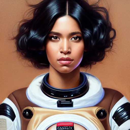 Prompt: a portrait of a very BIPOC beautiful woman in a spacesuit, brown eyes, shoulder-length black hair, Alexandria's genesis, bored, illustration, soft lighting, soft details, painting oil on canvas by mark arian by artgerm, trending on artstation, 4k, 8k, HD