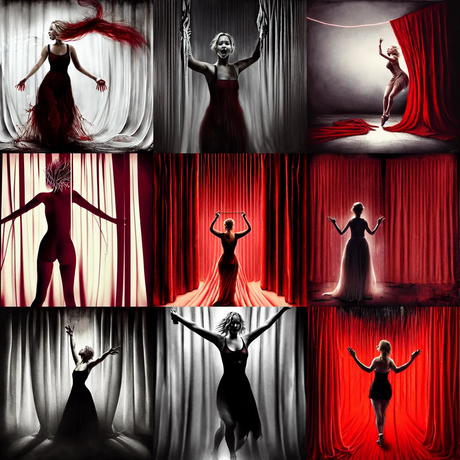 Prompt: dancing Jennifer Lawrence as a (((puppet strings))) behind red curtains by Brooke Shaden, big white strings attached to wrists to ceiling, medium shot taken from behind, intricate, dystopian, sci-fi, extremely detailed, digital painting, artstation, concept art, smooth, sharp focus, illustration, intimidating lighting, incredible art, details visible, very dark ambiance
