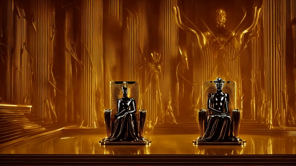 Prompt: a strange creature sits on a golden art deco throne, film still from the movie directed by Denis Villeneuve with art direction by H R Giger, wide lens